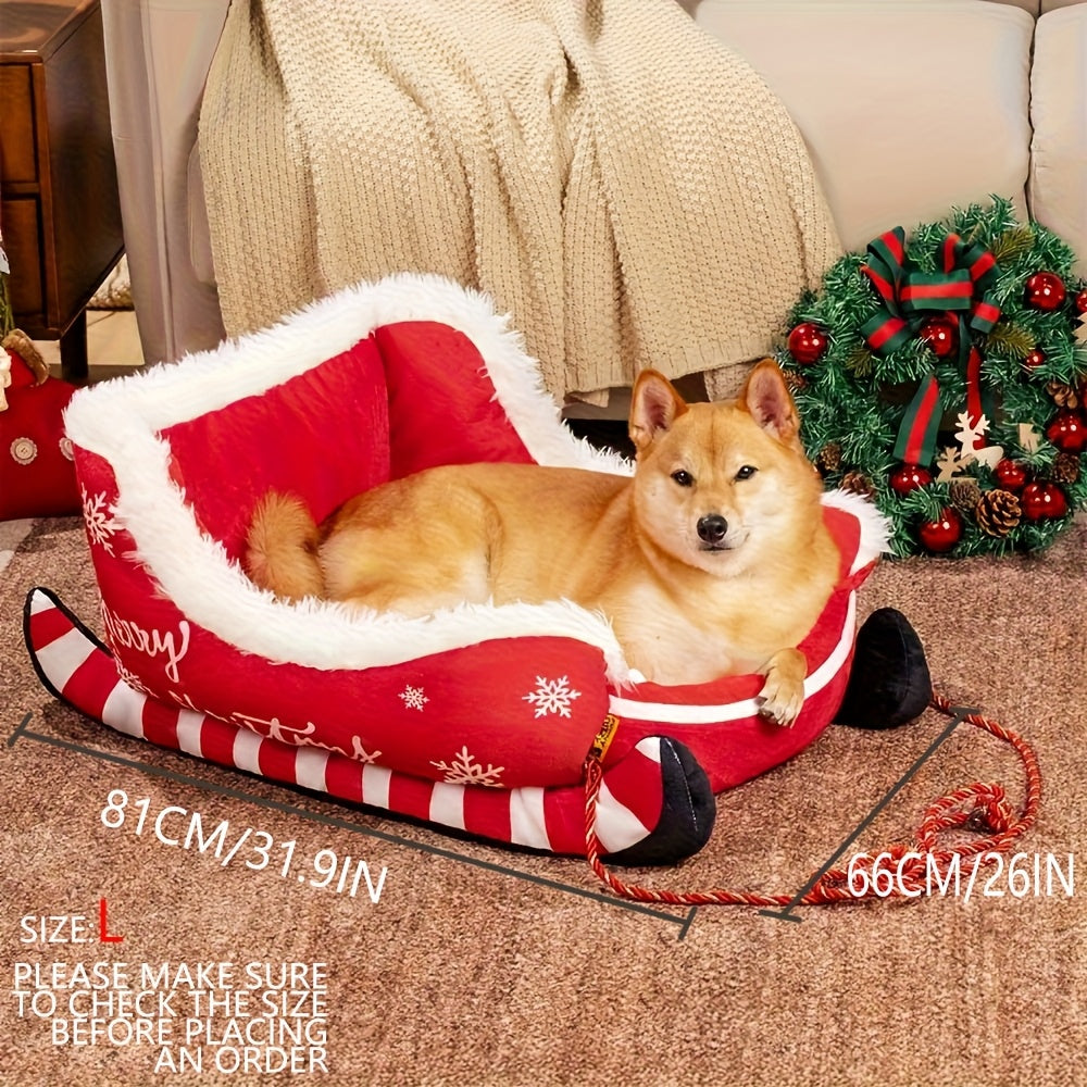 Festive Christmas Plush Sled Dog Bed with Red & White Snowflakes & "Merry Christmas" Text - Cozy Polypropylene Fabric Pet Bed for Small to Large Dogs, /Outdoor Use, Sleigh-Shaped Kennel for Pomeranian, Chihuahua, German Sheph