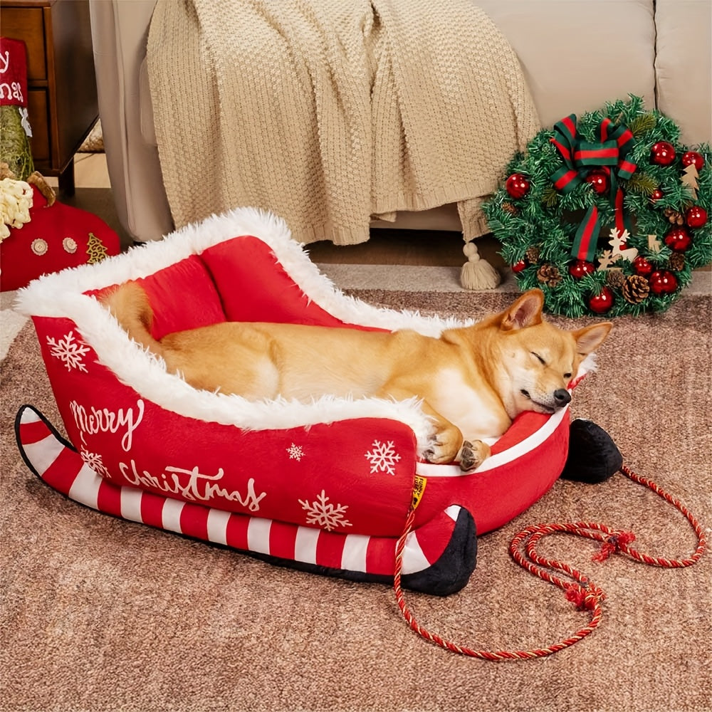 Festive Christmas Plush Sled Dog Bed with Red & White Snowflakes & "Merry Christmas" Text - Cozy Polypropylene Fabric Pet Bed for Small to Large Dogs, /Outdoor Use, Sleigh-Shaped Kennel for Pomeranian, Chihuahua, German Sheph