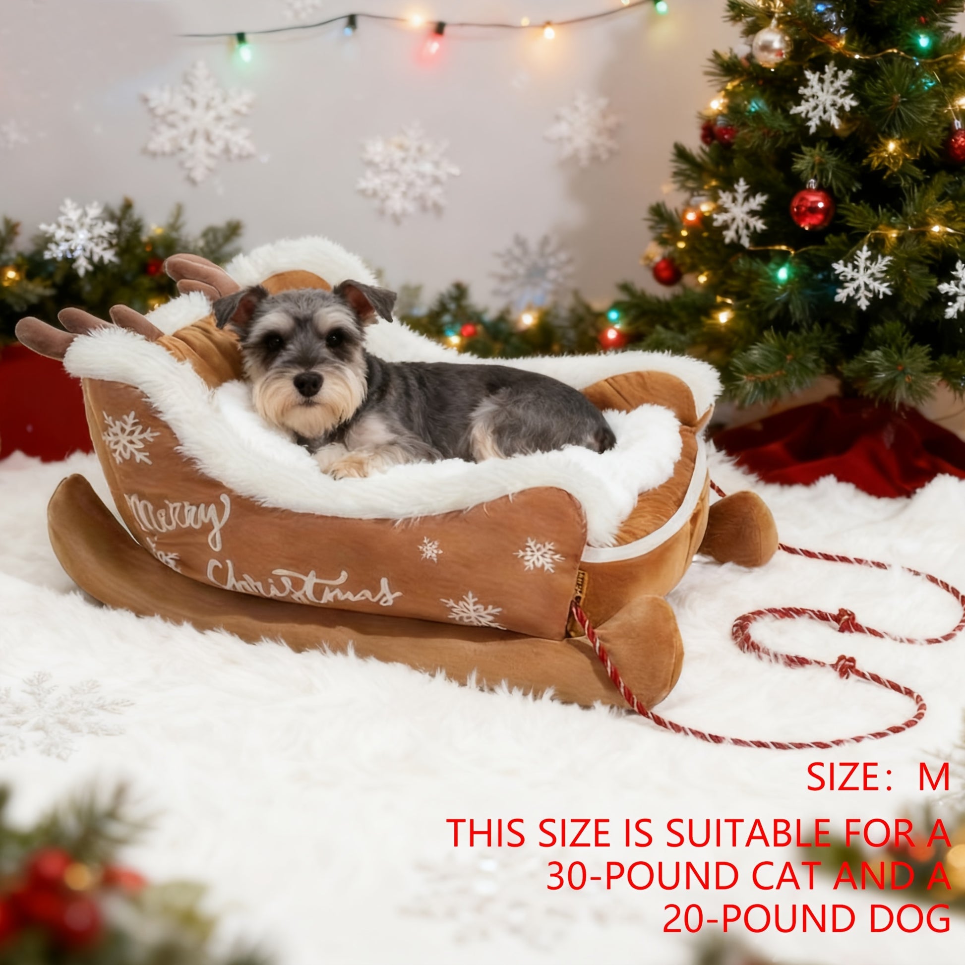 Festive Christmas Plush Sled Dog Bed with Red & White Snowflakes & "Merry Christmas" Text - Cozy Polypropylene Fabric Pet Bed for Small to Large Dogs, /Outdoor Use, Sleigh-Shaped Kennel for Pomeranian, Chihuahua, German Sheph