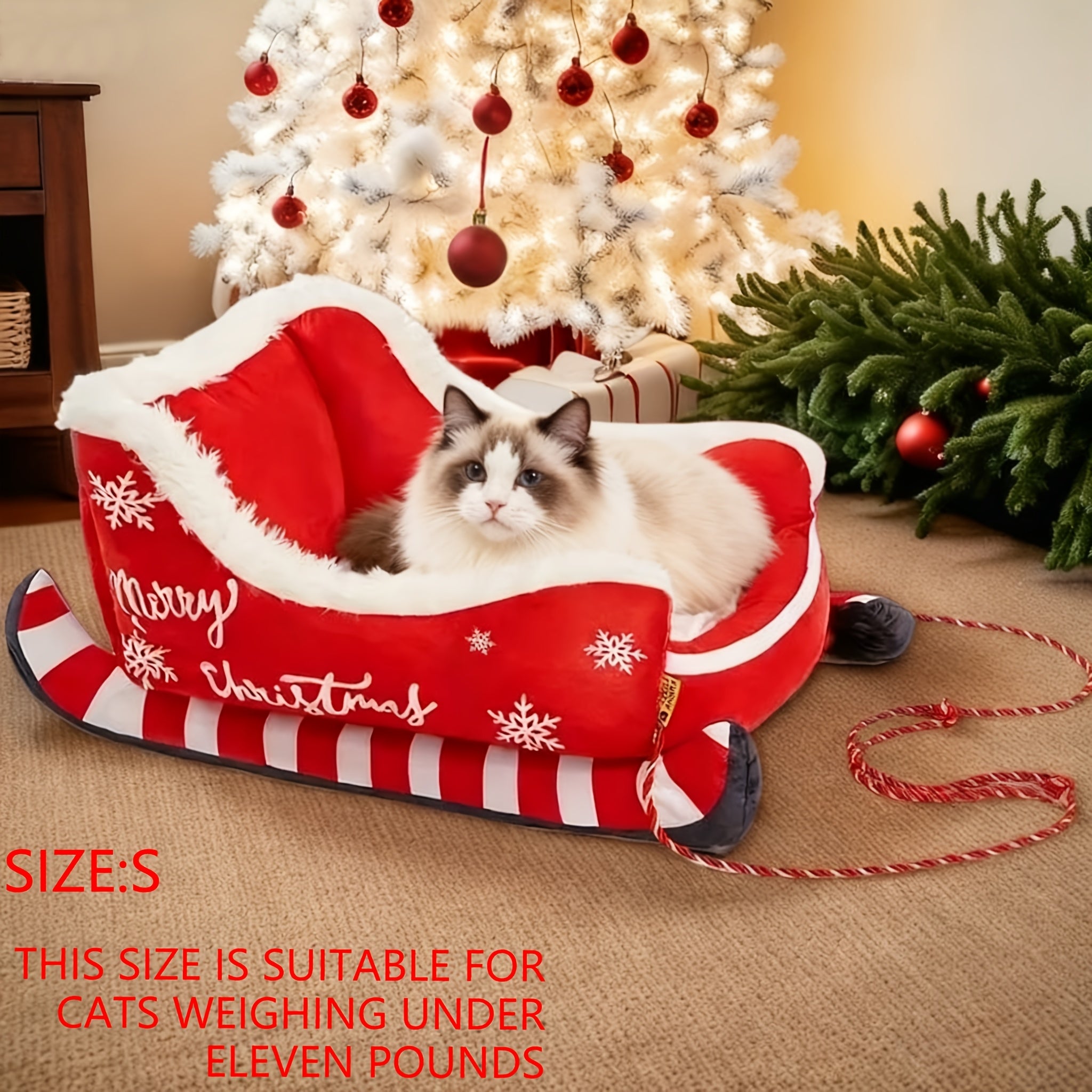Festive Christmas Plush Sled Dog Bed with Red & White Snowflakes & "Merry Christmas" Text - Cozy Polypropylene Fabric Pet Bed for Small to Large Dogs, /Outdoor Use, Sleigh-Shaped Kennel for Pomeranian, Chihuahua, German Sheph
