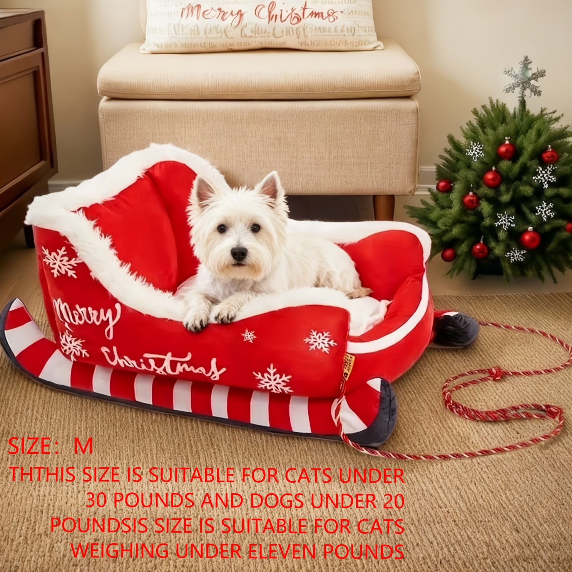 Festive Christmas Plush Sled Dog Bed with Red & White Snowflakes & "Merry Christmas" Text - Cozy Polypropylene Fabric Pet Bed for Small to Large Dogs, /Outdoor Use, Sleigh-Shaped Kennel for Pomeranian, Chihuahua, German Sheph