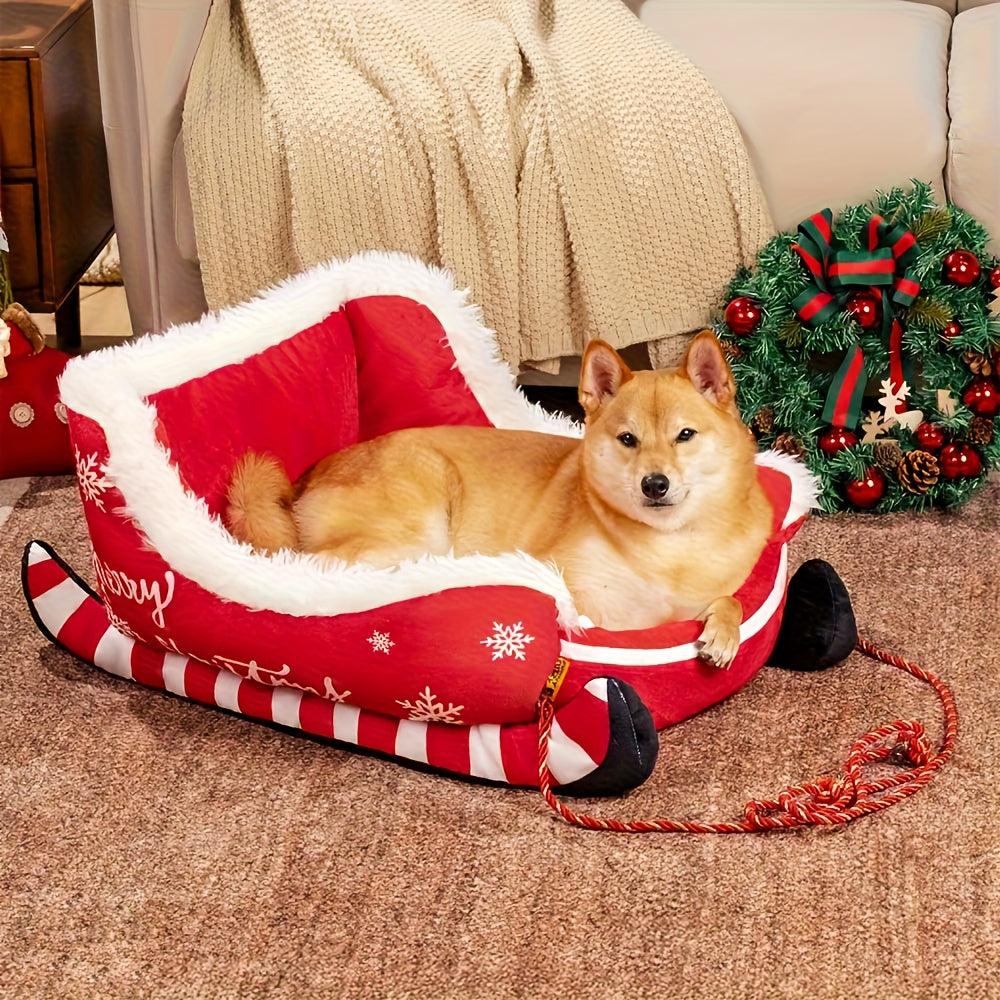 Festive Christmas Plush Sled Dog Bed with Red & White Snowflakes & "Merry Christmas" Text - Cozy Polypropylene Fabric Pet Bed for Small to Large Dogs, /Outdoor Use, Sleigh-Shaped Kennel for Pomeranian, Chihuahua, German Sheph