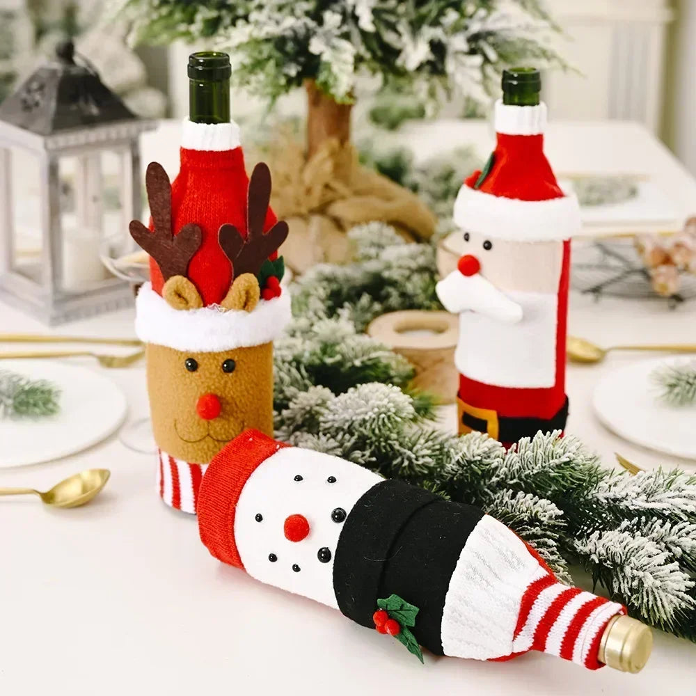 Christmas Wine Bottle Cover Set Santa Snowman Woven Wine Bottle Bags for Christmas Party Dinner Table Decorations New Year Gifts