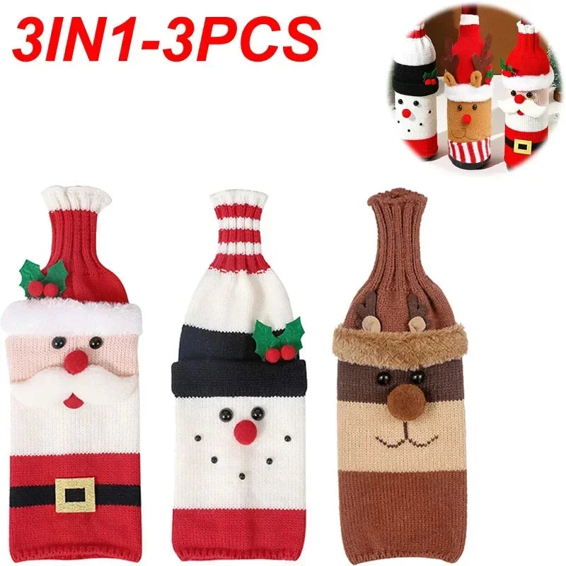 Christmas Wine Bottle Cover Set Santa Snowman Woven Wine Bottle Bags for Christmas Party Dinner Table Decorations New Year Gifts