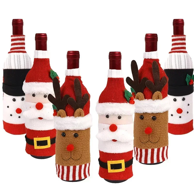 Christmas Wine Bottle Cover Set Santa Snowman Woven Wine Bottle Bags for Christmas Party Dinner Table Decorations New Year Gifts