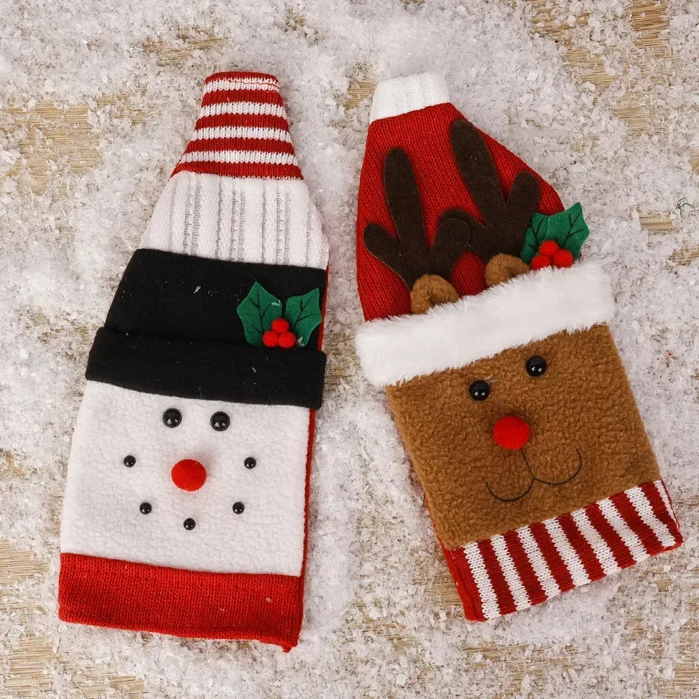 Christmas Wine Bottle Cover Set Santa Snowman Woven Wine Bottle Bags for Christmas Party Dinner Table Decorations New Year Gifts