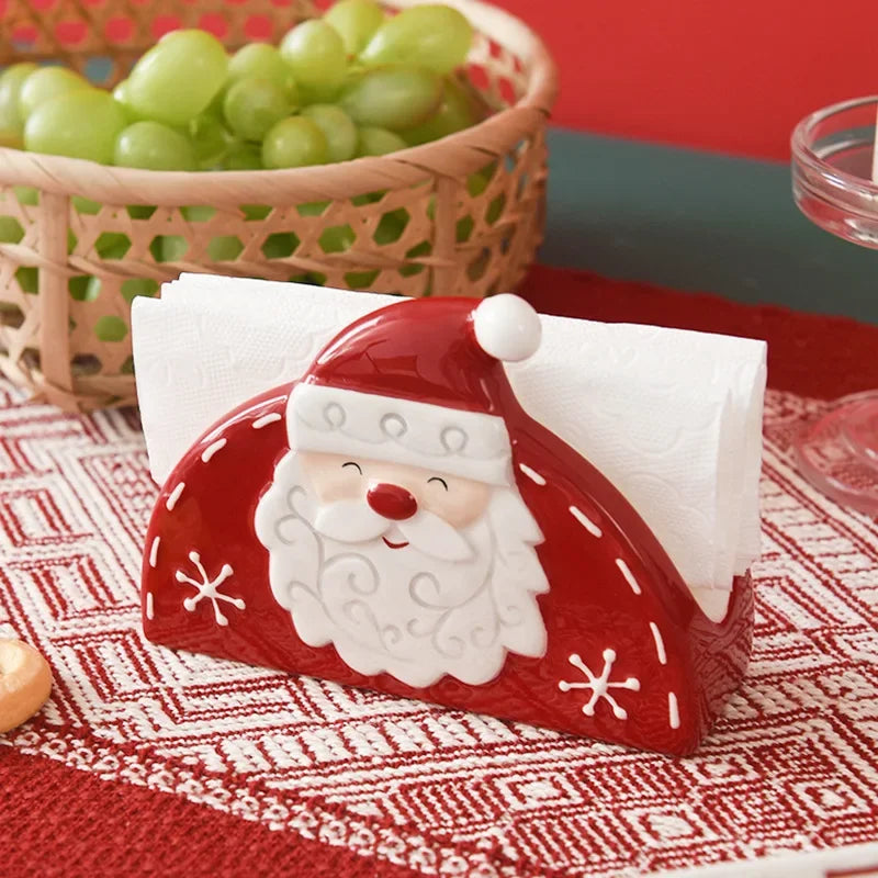 JUSTINLAU Home Decoration for Xmas Gift Santa Claus Napkin Holder Nordic Style Creative Ceramic Relief Christmas Tissue Holder