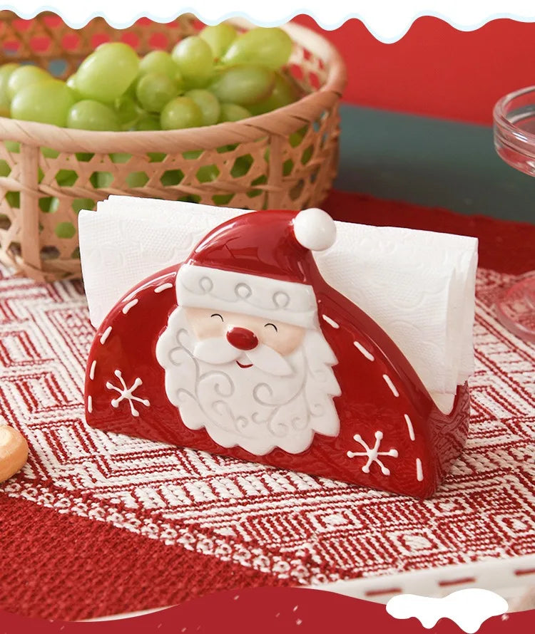JUSTINLAU Home Decoration for Xmas Gift Santa Claus Napkin Holder Nordic Style Creative Ceramic Relief Christmas Tissue Holder