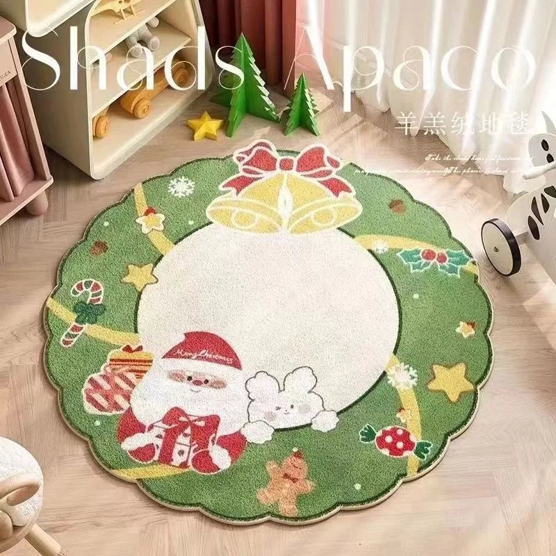 Round Christmas Snowflake Rug – Festive Holiday Floor Mat for Living Room & Tree Decoration