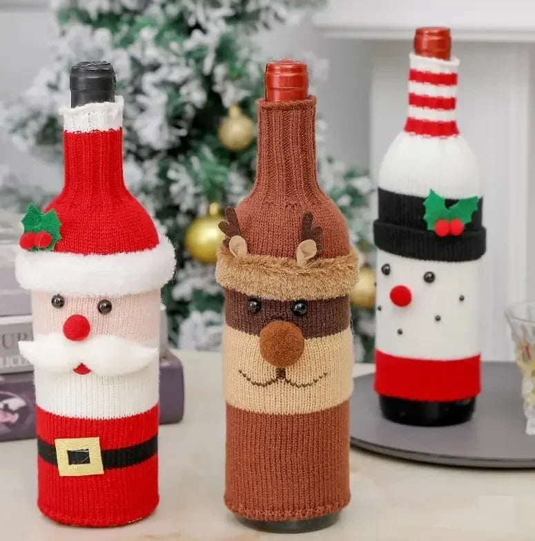 Christmas Wine Bottle Cover Set Santa Snowman Woven Wine Bottle Bags for Christmas Party Dinner Table Decorations New Year Gifts