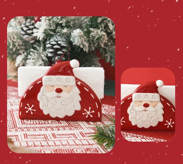 JUSTINLAU Home Decoration for Xmas Gift Santa Claus Napkin Holder Nordic Style Creative Ceramic Relief Christmas Tissue Holder