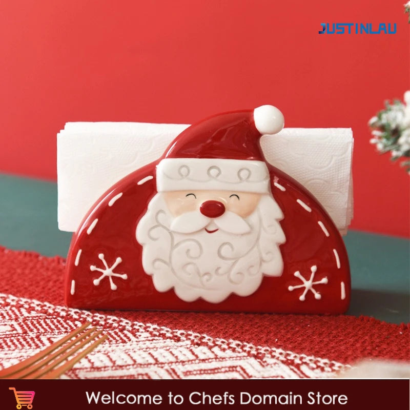 JUSTINLAU Home Decoration for Xmas Gift Santa Claus Napkin Holder Nordic Style Creative Ceramic Relief Christmas Tissue Holder