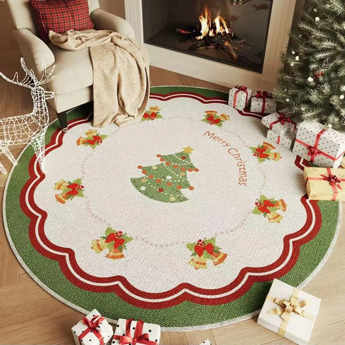 Round Christmas Snowflake Rug – Festive Holiday Floor Mat for Living Room & Tree Decoration