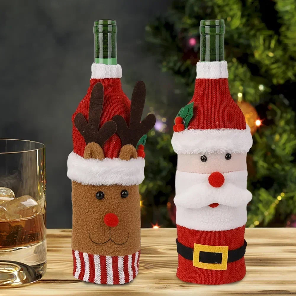 Christmas Wine Bottle Cover Set Santa Snowman Woven Wine Bottle Bags for Christmas Party Dinner Table Decorations New Year Gifts