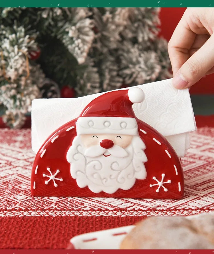 JUSTINLAU Home Decoration for Xmas Gift Santa Claus Napkin Holder Nordic Style Creative Ceramic Relief Christmas Tissue Holder