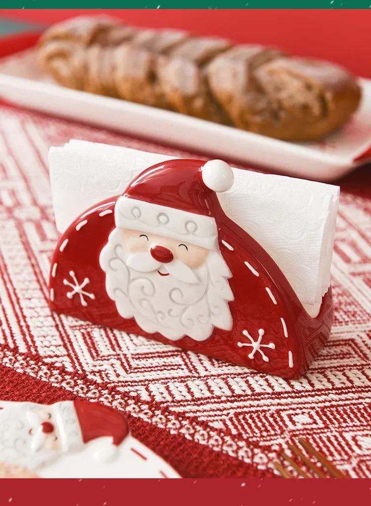 JUSTINLAU Home Decoration for Xmas Gift Santa Claus Napkin Holder Nordic Style Creative Ceramic Relief Christmas Tissue Holder