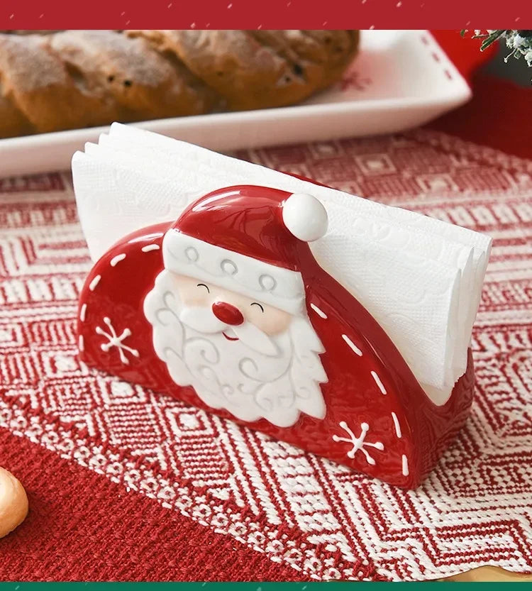 JUSTINLAU Home Decoration for Xmas Gift Santa Claus Napkin Holder Nordic Style Creative Ceramic Relief Christmas Tissue Holder