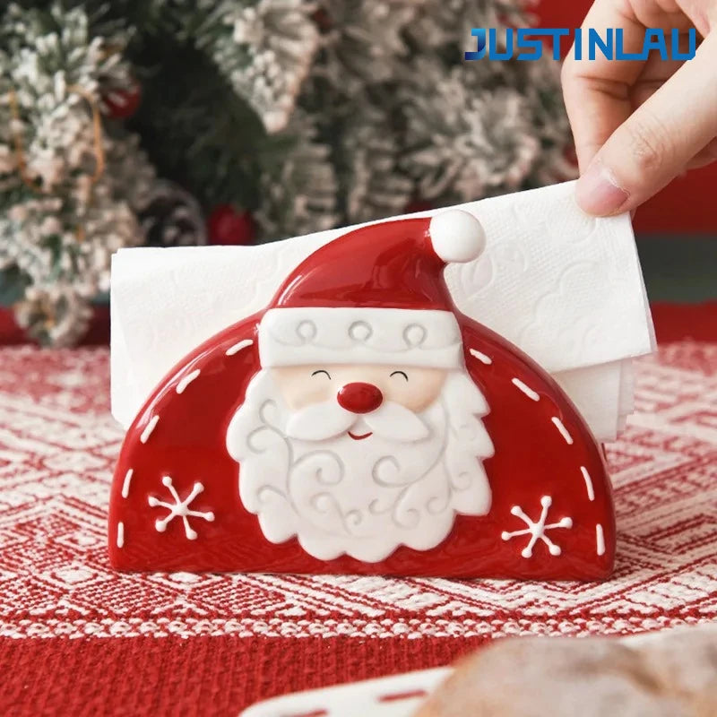 JUSTINLAU Home Decoration for Xmas Gift Santa Claus Napkin Holder Nordic Style Creative Ceramic Relief Christmas Tissue Holder