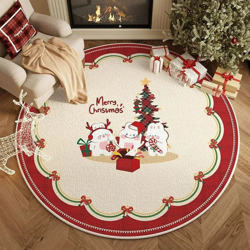 Round Christmas Snowflake Rug – Festive Holiday Floor Mat for Living Room & Tree Decoration