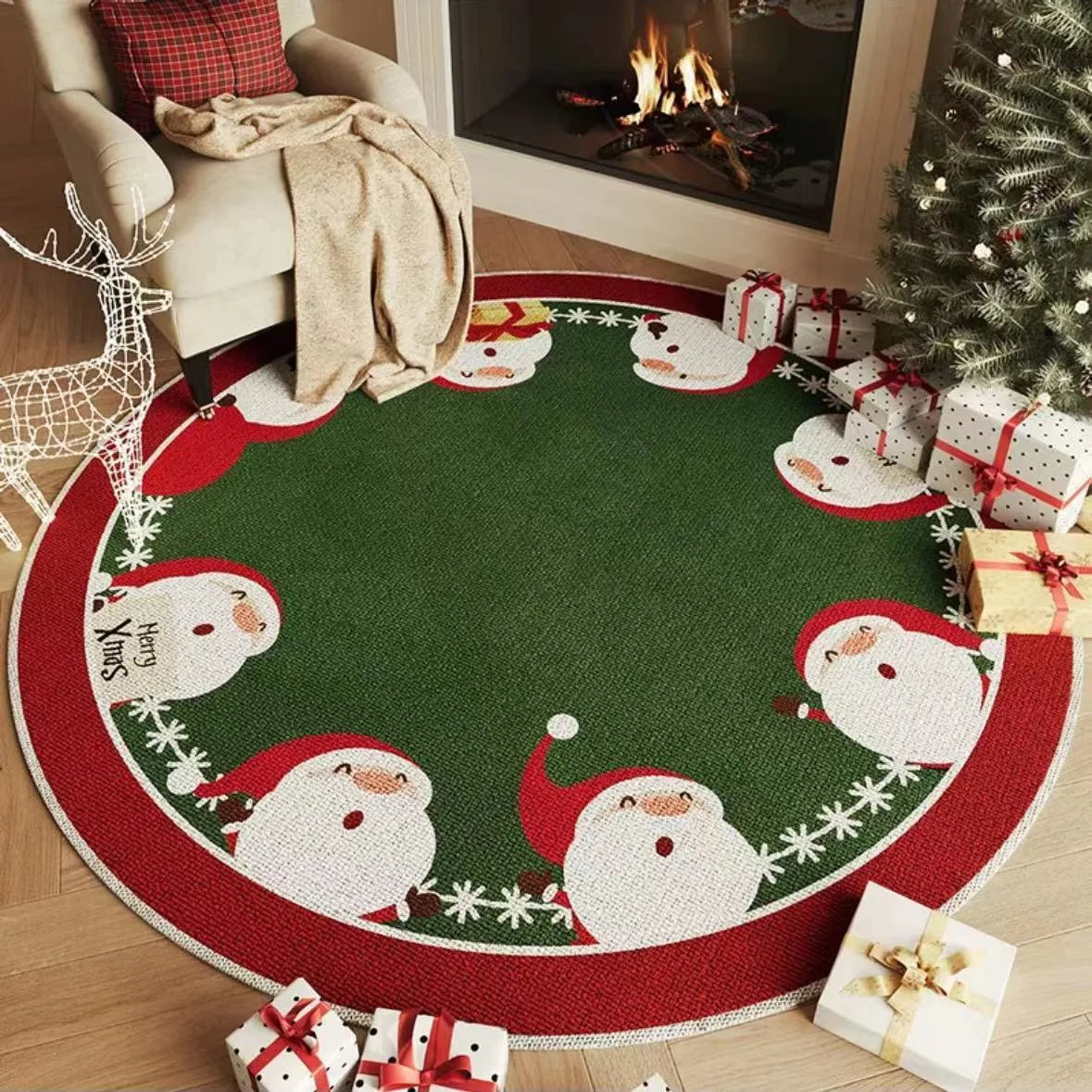 Round Christmas Snowflake Rug – Festive Holiday Floor Mat for Living Room & Tree Decoration
