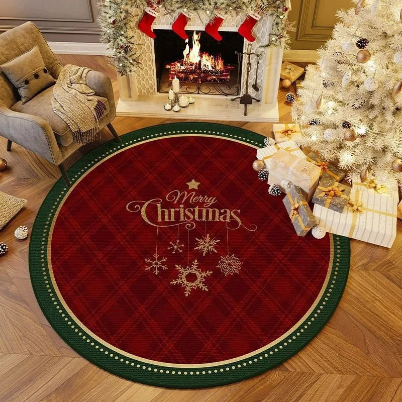 Round Christmas Snowflake Rug – Festive Holiday Floor Mat for Living Room & Tree Decoration