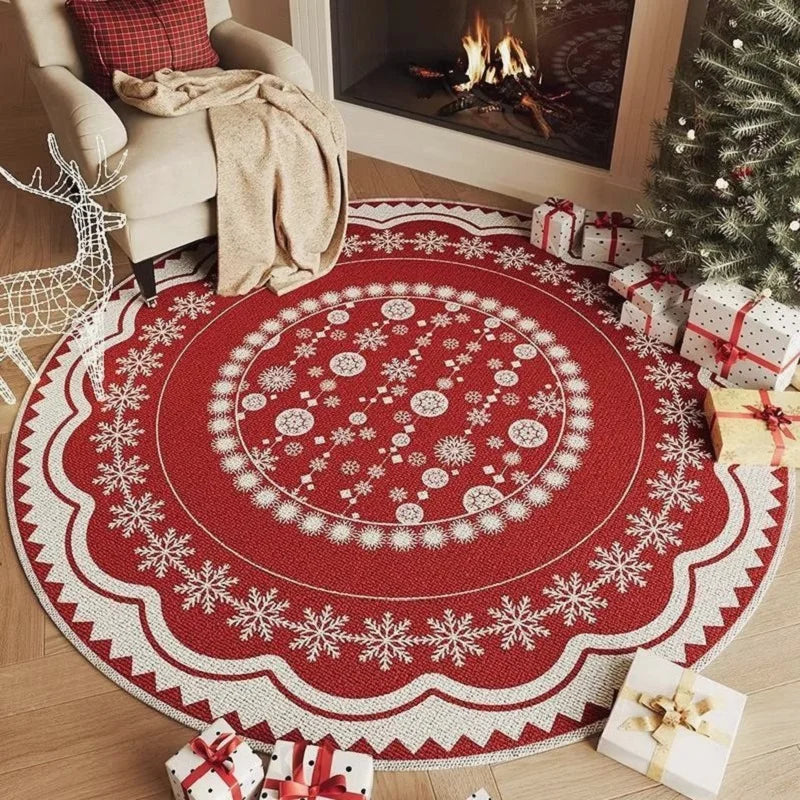 Round Christmas Snowflake Rug – Festive Holiday Floor Mat for Living Room & Tree Decoration