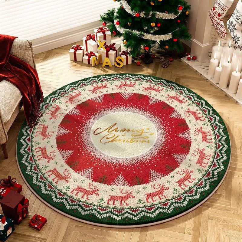 Round Christmas Snowflake Rug – Festive Holiday Floor Mat for Living Room & Tree Decoration