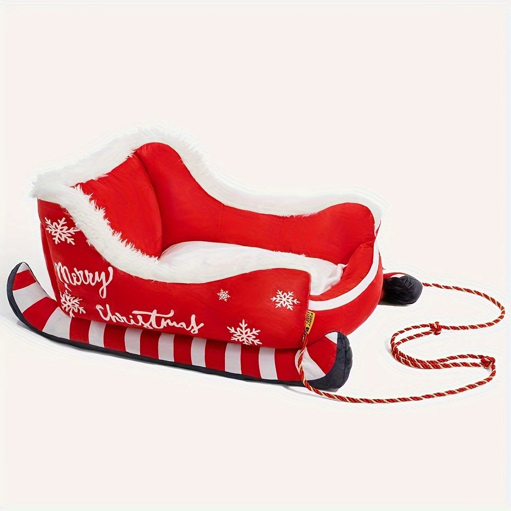 Festive Christmas Plush Sled Dog Bed with Red & White Snowflakes & "Merry Christmas" Text - Cozy Polypropylene Fabric Pet Bed for Small to Large Dogs, /Outdoor Use, Sleigh-Shaped Kennel for Pomeranian, Chihuahua, German Sheph