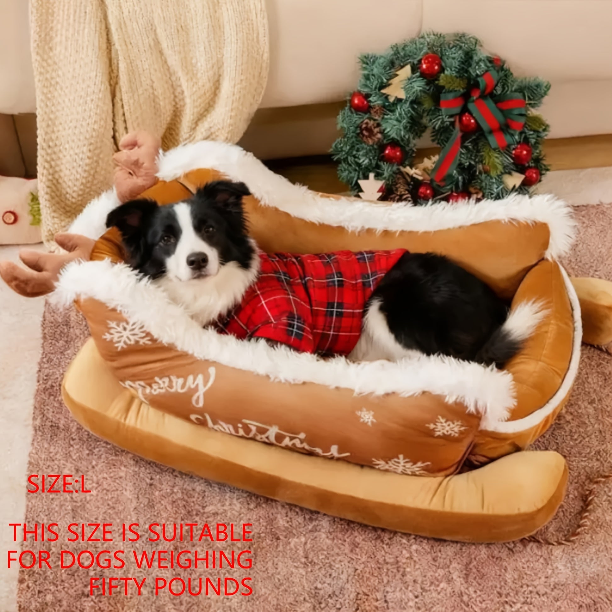 Festive Christmas Plush Sled Dog Bed with Red & White Snowflakes & "Merry Christmas" Text - Cozy Polypropylene Fabric Pet Bed for Small to Large Dogs, /Outdoor Use, Sleigh-Shaped Kennel for Pomeranian, Chihuahua, German Sheph