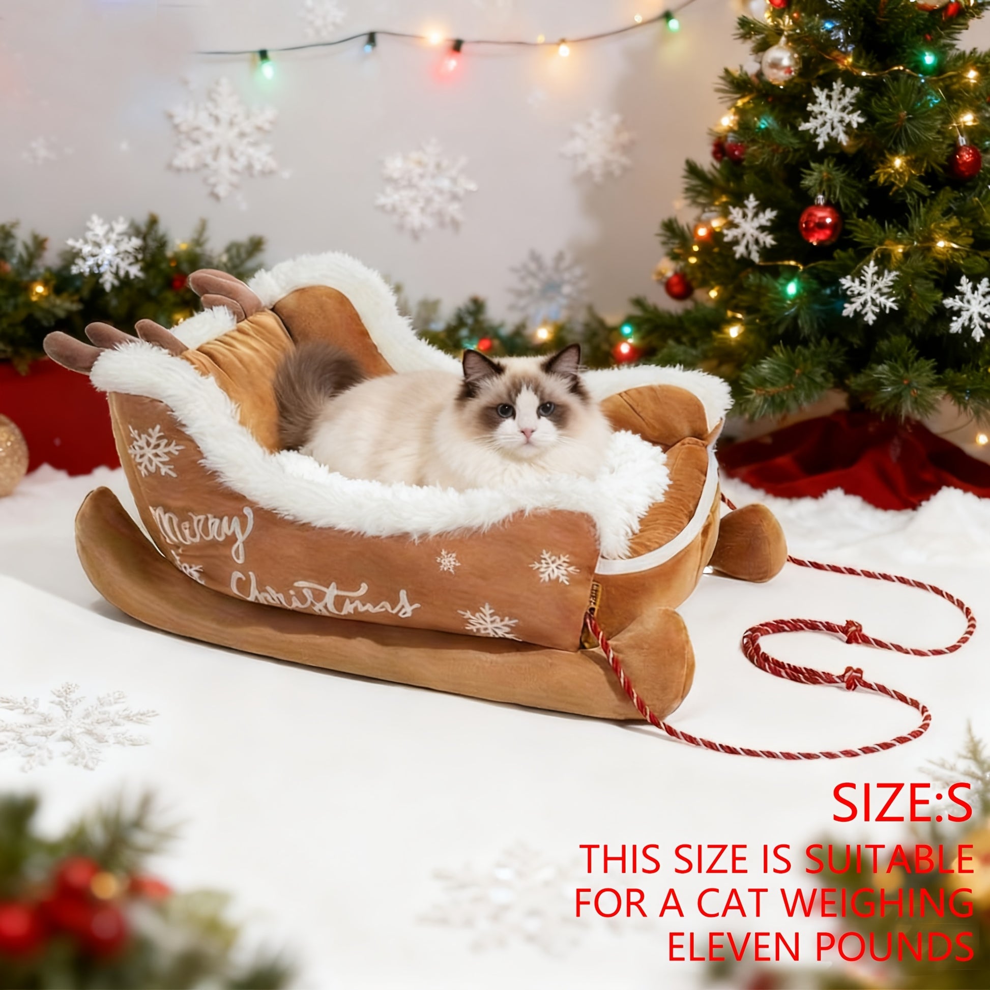 Festive Christmas Plush Sled Dog Bed with Red & White Snowflakes & "Merry Christmas" Text - Cozy Polypropylene Fabric Pet Bed for Small to Large Dogs, /Outdoor Use, Sleigh-Shaped Kennel for Pomeranian, Chihuahua, German Sheph